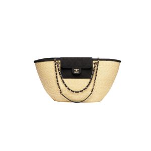 Chanel Small Shopping Bag Braided Straw Beige Black 25Cm
