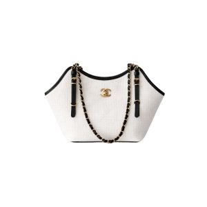 Chanel Small Shopping Bag Braided Raffia White And Black 18Cm