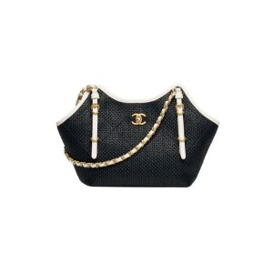 Chanel Small Shopping Bag Braided Raffia Black And White 18Cm