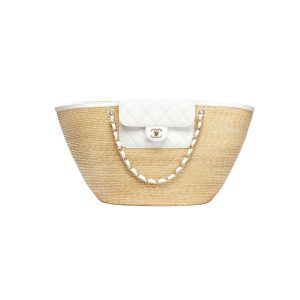 Chanel Small Shopping Bag Braided Straw Beige White 25Cm