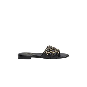 Chanel Slide Sandals Gold Chain Black